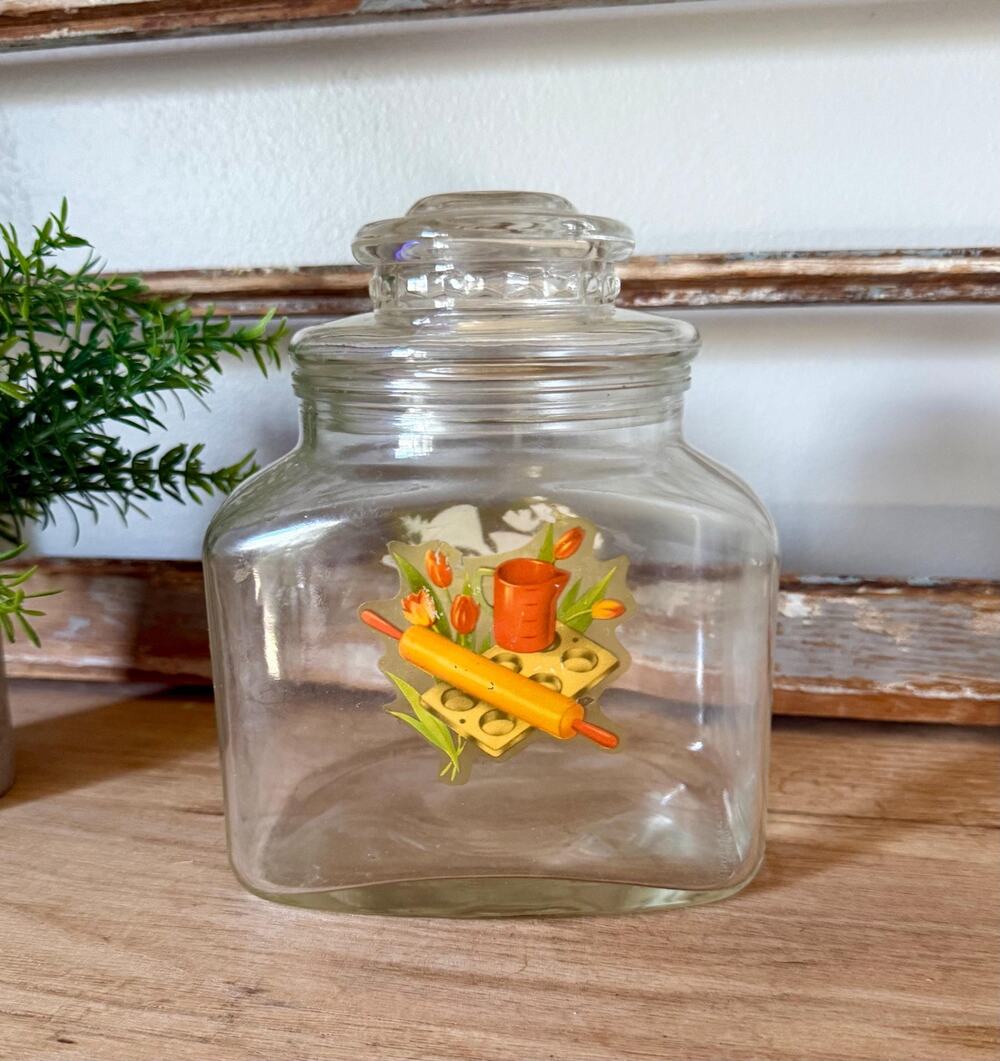 Anchor Hocking Glass Canister | Vintage 1970s Kitchen Decal Jar, Bubble Lid